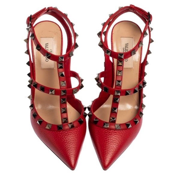 Valentino Red Leather Rockstud Pointed Toe Ankle Strap Sandals Size 40 - Picture 3 of 10